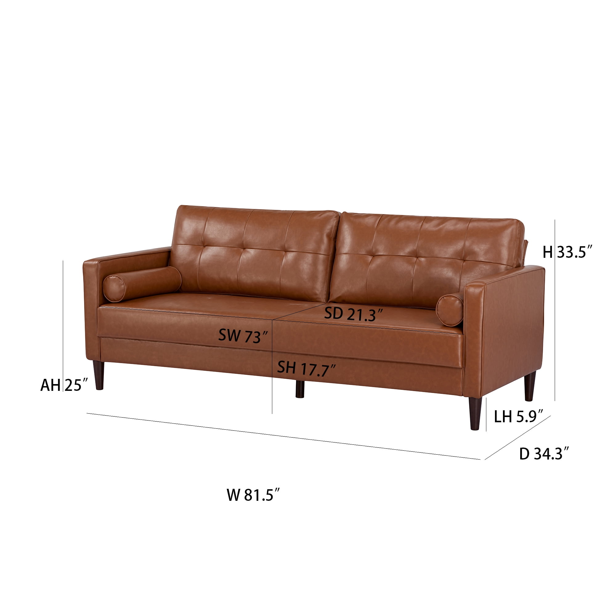 A&D Home Anza 3-Seater Tufted Faux Leather Sofa, Cognac Brown
