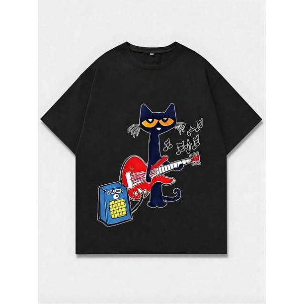 Black T - Shirt With Cat Playing Guitar Graphic, Casual Print, Comfortable and Versatile, Letter Pattern Pure Cotton 220g Printed T-Shirt, unisex Style