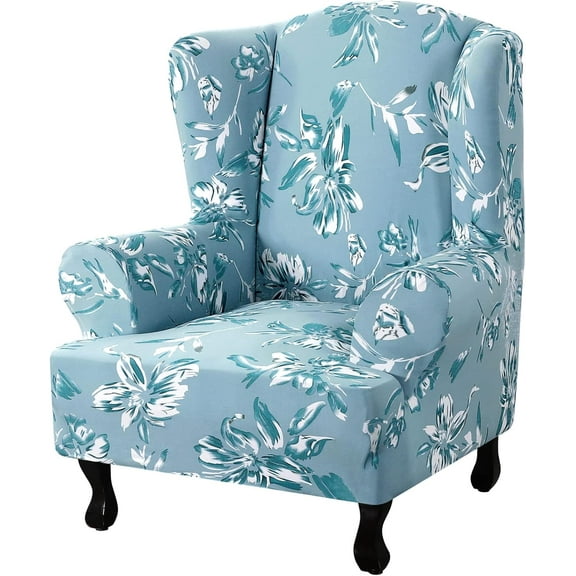 Floral Printed Fleece Wingback Chair Slipcover - 1-Piece Super Stretch Wing Chair Cover, Elastic Bottom for Easy Fit, Modern Style Furniture Protector (Sky Blue)
