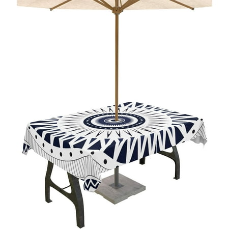 

Outdoor Tablecloth with Umbrella Hole Rectangle 60x84inch Modern Boho Mandala Flower Spillproof Fabric Outdoor Tablecloths Geometric Triangle Picnic/Patio Zipper Table Covers