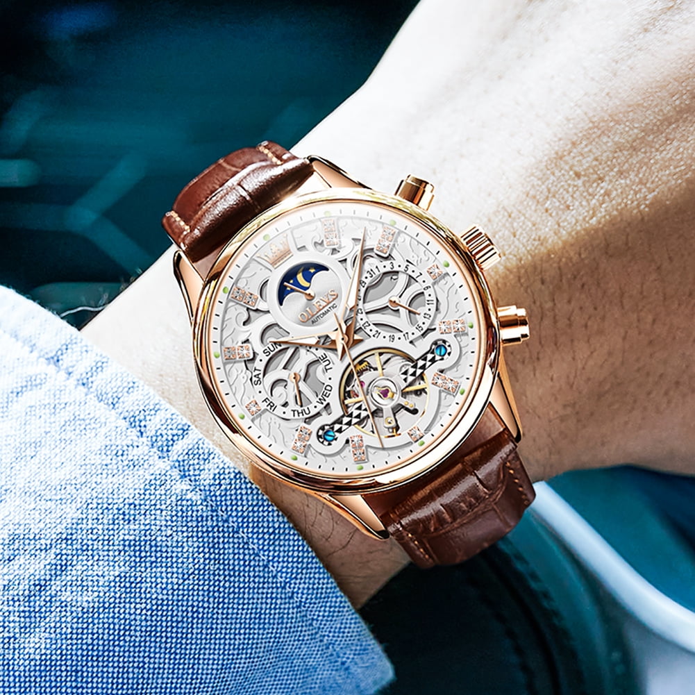 OLEVS Automatic Watches for Men Self Winding Mechanical Chronograph Skeleton Flywheel Luxury Dress Black Brown Leather Diamond Moon Phase Waterproof Luminous Mens Wrist Watches Reloj Para Hombre