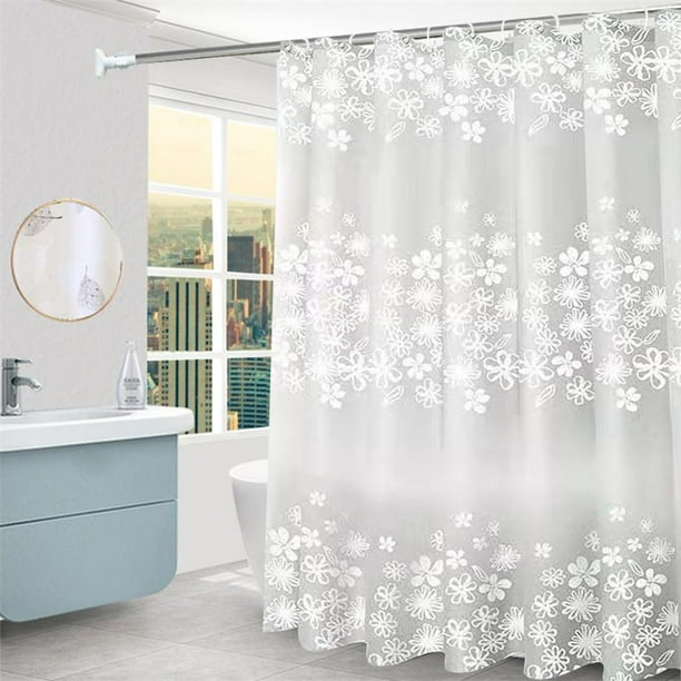 Cortina de ducha grande blanca, antihongos, estampada e impermeable, sin necesidad de perforar agujeros, tamaño grande con flores blancas