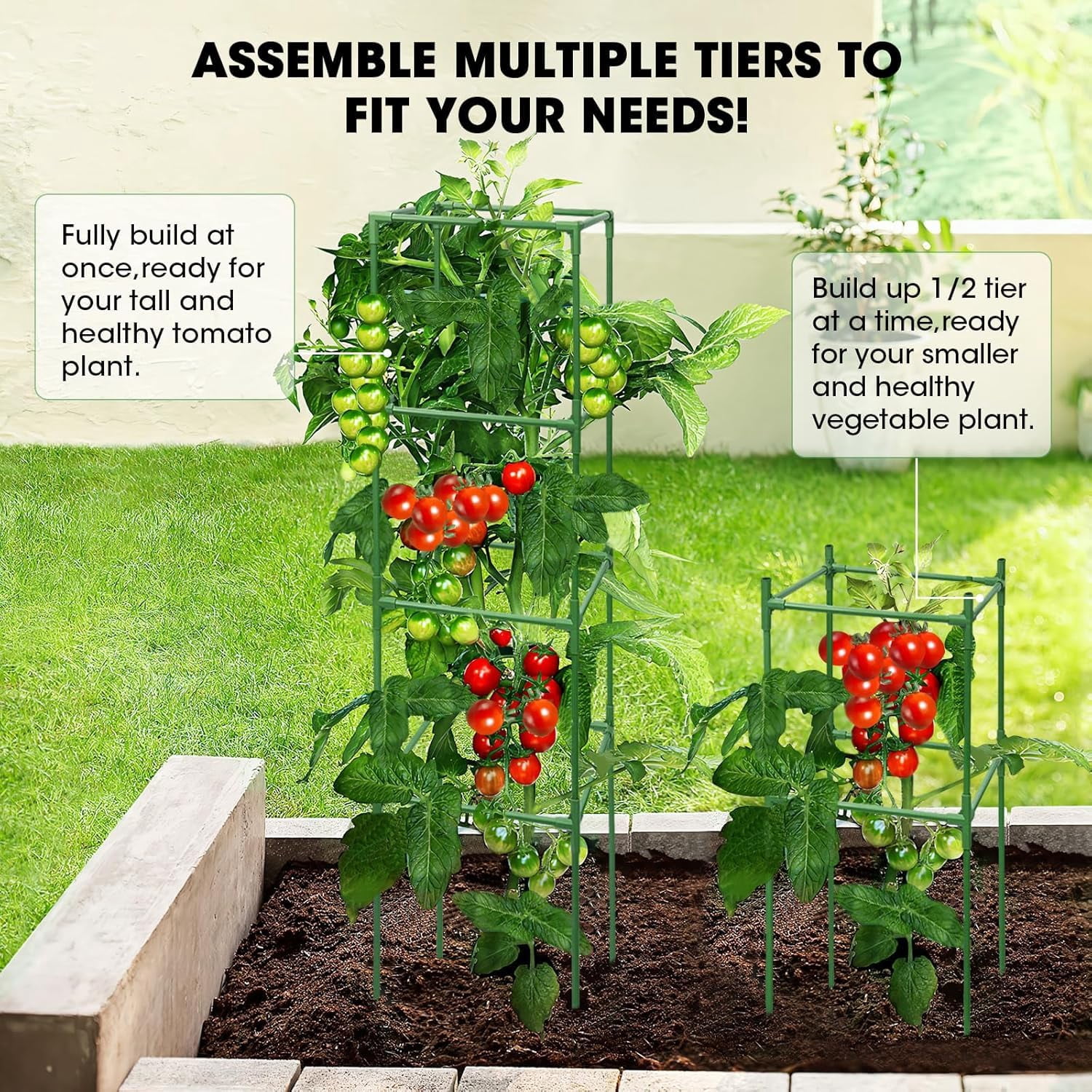 MQHUAYU 6 Pack Green Square Tomato Cages, 41.7" Heavy Duty Plant Support Cages with 20 Plant Clips, Plastic-Coated Steel Rust-Resistant Trellis for Garden Climbing Vegetables, Flowers and Fruits