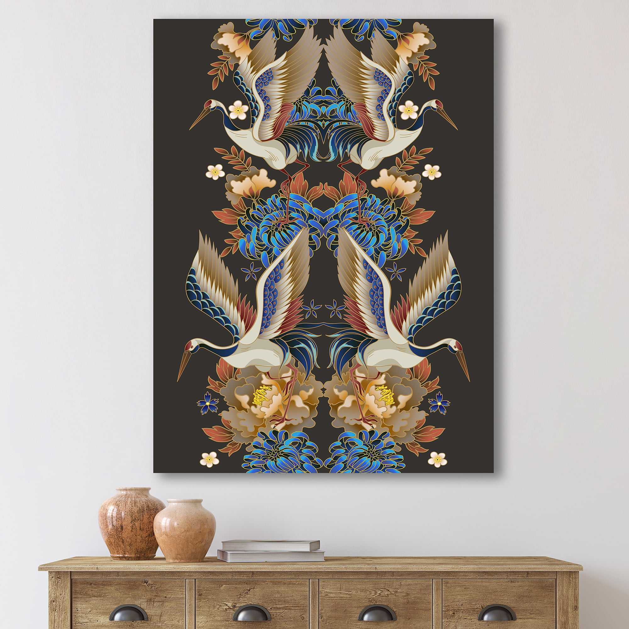 Designart ' Chinoiserie With Peonies and Birds IX ' Traditional Canvas Wall Art Print