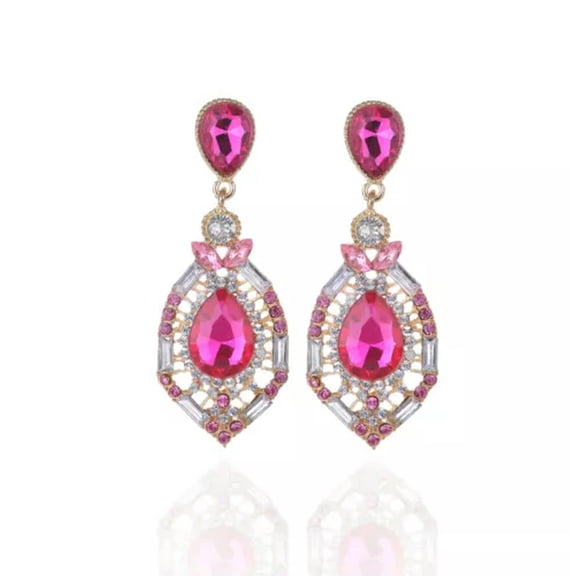 HOOUN 925 Silver Plated Long Dangle Water Drop Shinny Stone Green Earring Stud Gift-Pink