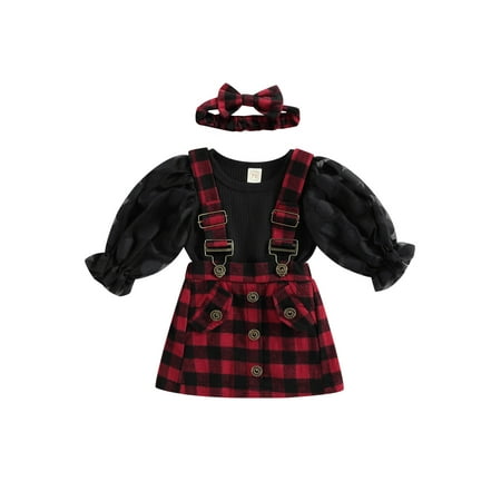 

Infant Baby Girl Romper Dress Outfit Puff Long Sleeve Ribbed Romper Plaid Suspender Skirt with Headband 3Pcs Clothes