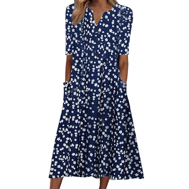 EQWLJWE Summer Dresses For Women 2023 Fashion Women Summer Printing Causal V-Neck Button Short Sleeve Vacation Pockets Dress