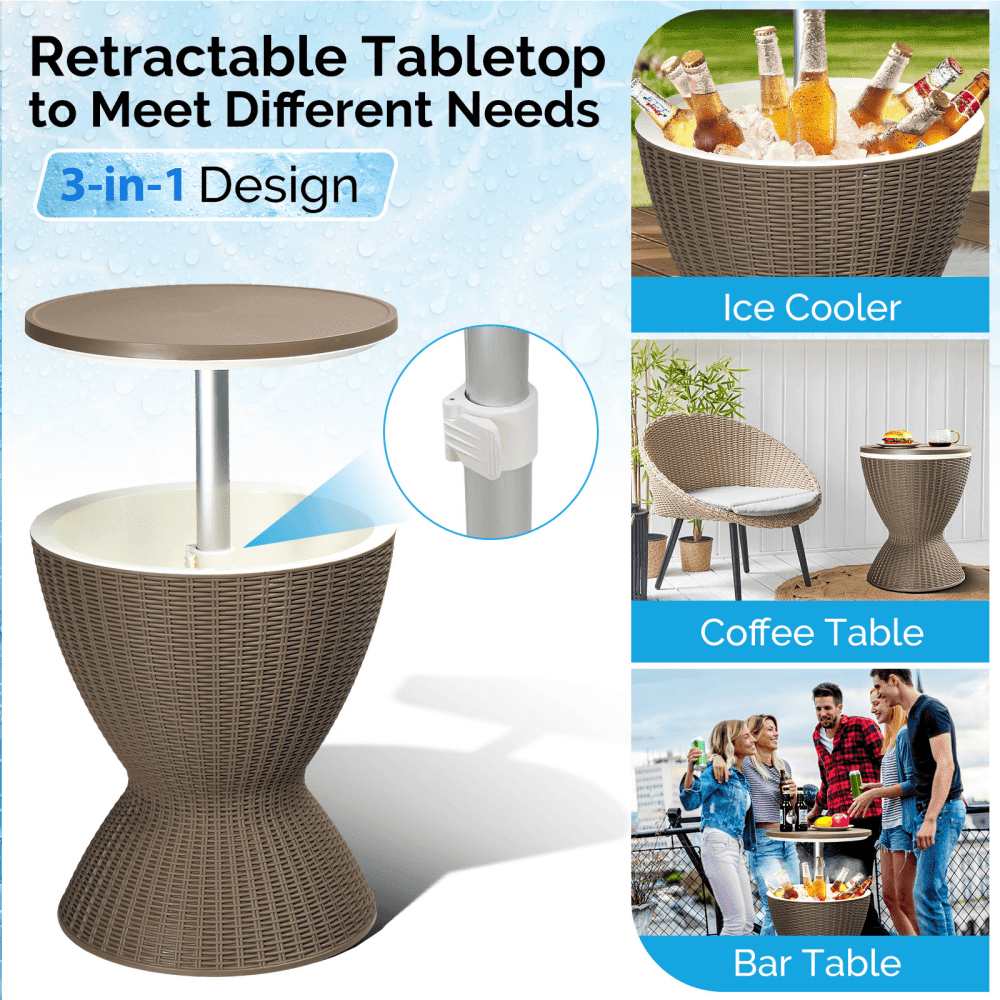 Tcbosik Cool Bar Table, Height-Adjustable Outdoor Side Table with 8 Gallon Beer and Wine Cooler, Cocktail Table for Deck Poolside, Backyard, Gray & Brown