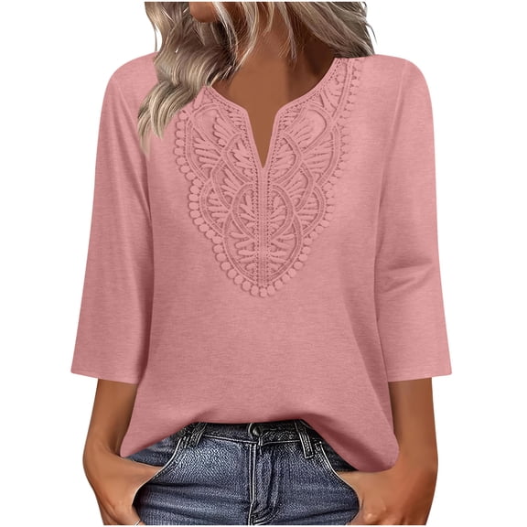 Women's 3/4 Sleeve T-Shirts V-Neck Embroidery Solid Casual Tees Tops Summer Loose Soft Lightweight Fashion Tee Shirts