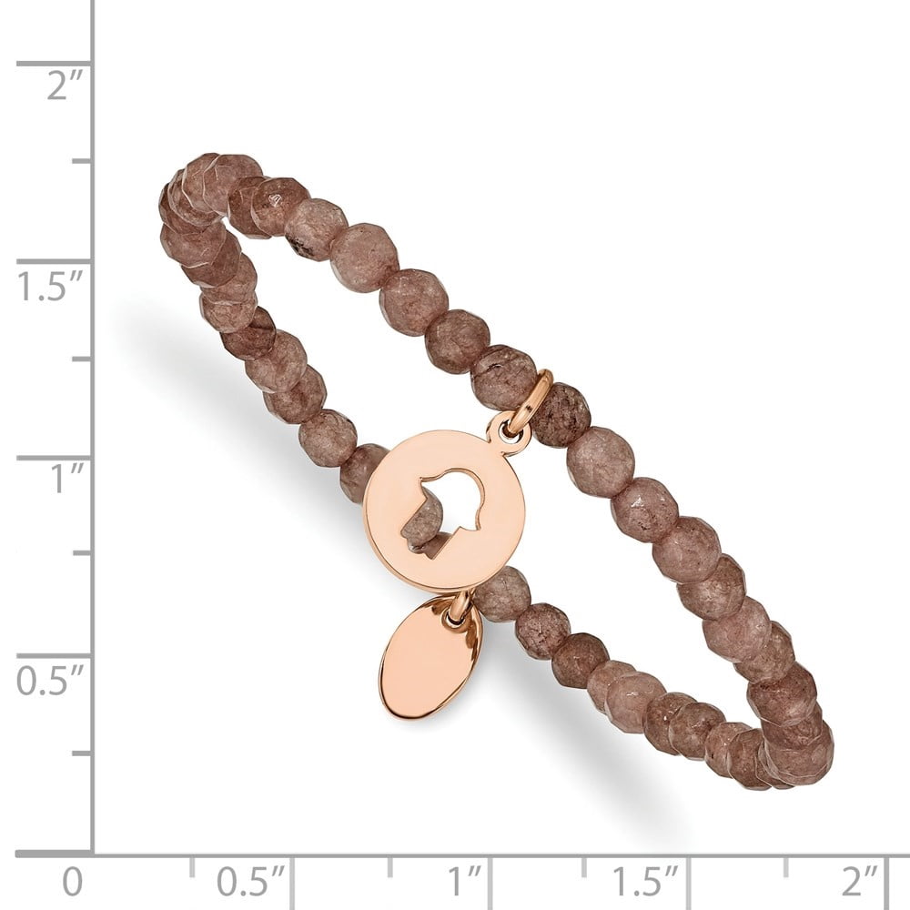 Diamond2Deal Stainless Steel Polished Rose IP-Plated Hamsa 4mm Brown Jade Beaded Stretch Bracelet for Women 6.25"