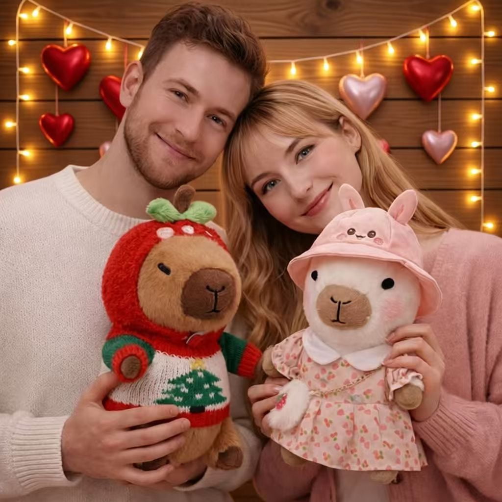 2PCS 10.2-Inch Capybara Plush Couple Set , Soft Stuffed Animals in Strawberry Hoodie & Bunny Hat Dress, Cute Plush Toys for Valentine’s Day, Birthdays & Room Decor