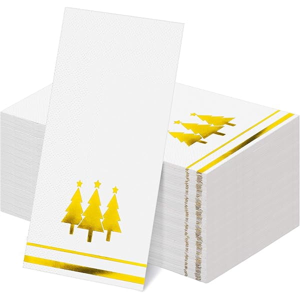 WONIMA02 100 Pieces Christmas Napkins Disposable Christmas Gold Paper Napkins 7.8 x 4.3 Inch Decorative Guest Party Napkin White Gold Foil Xmas Tree Hand Towels for Winter Party Wedding Birthday