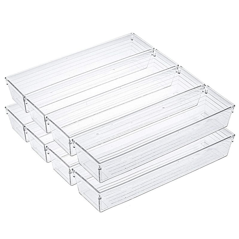 10 Pack 12 x 3 2 Inch Clear Drawer Organizer Trays, Desk Divider Storage Bins, Box Set for Kitchen