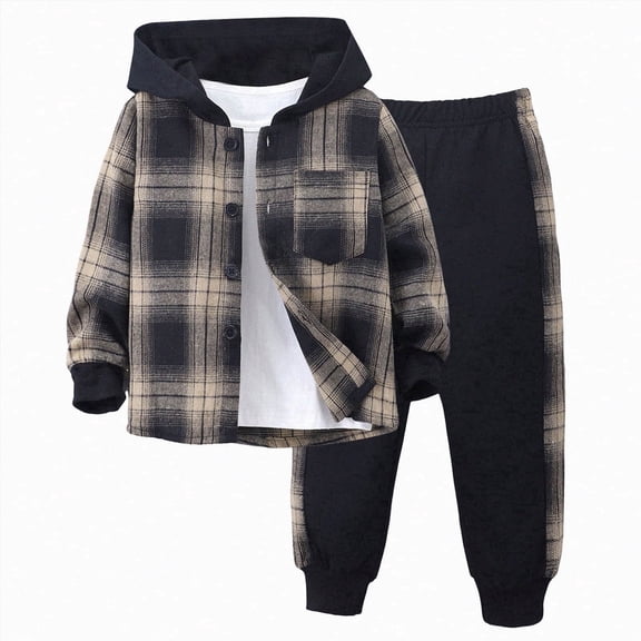 Kaprioy Boys Clothes Pants Sets Plaid Long Sleeve Hooded Button Shirt Jacket and Jogger Pants for Kids Fall Winter Outfits 3T to 7T Boys Clothes