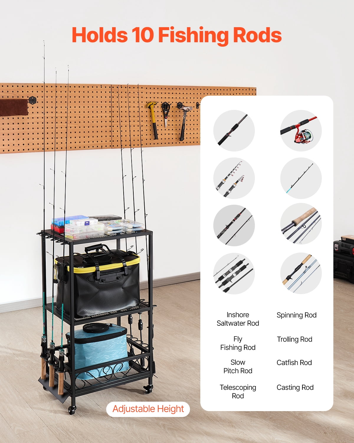 VEVOR Fishing Rod Holder for 10-Rods, Mobile Fishing Pole Rack Cart with Wheels, Fish Gear Equipment Organizer for Garage Home Indoor Use, for Tackle Box Reel Accessories Storage, Gifts for Men