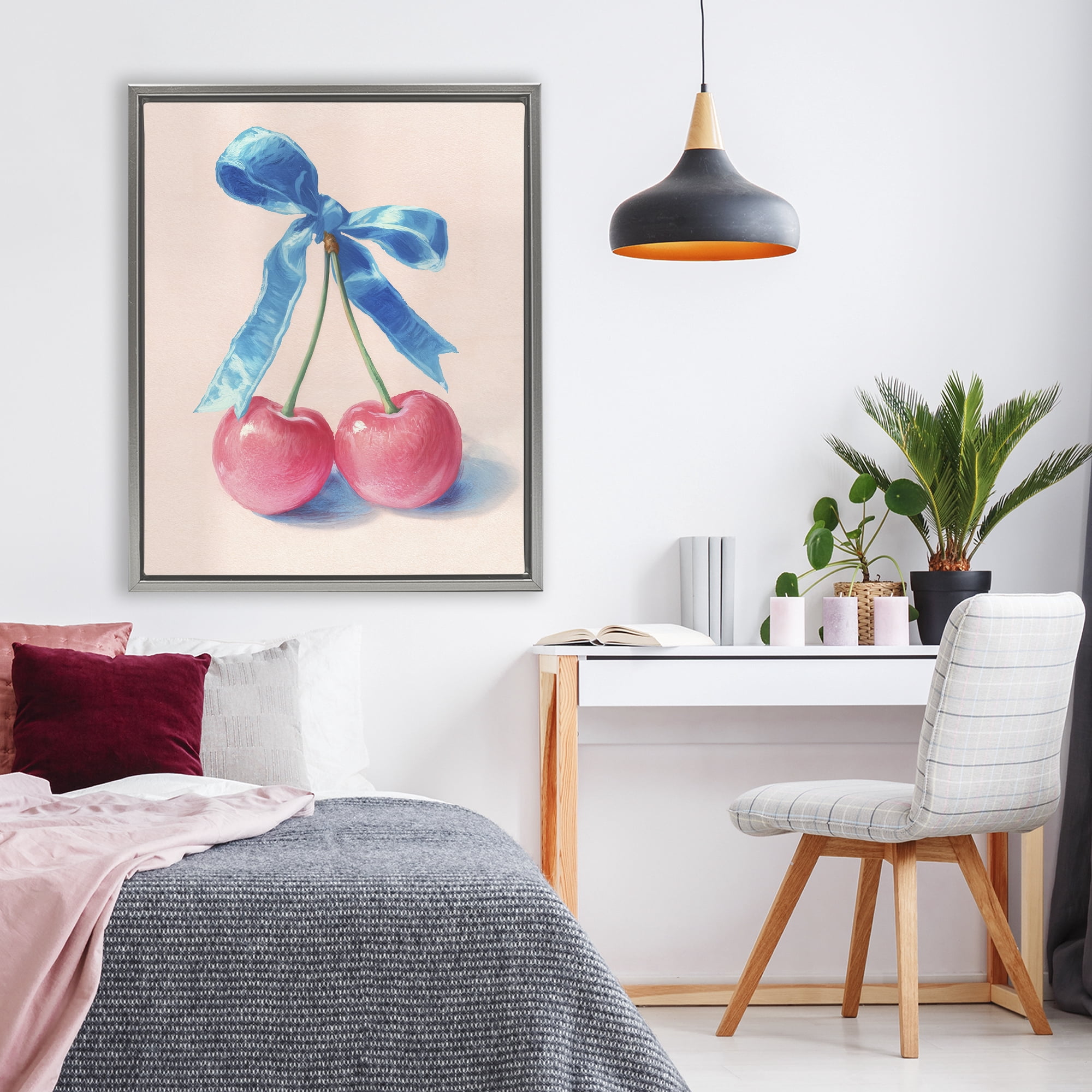 Stupell Industries Twin Cherries with Blue Ribbon Gray Framed Floater Canvas Wall Art, design by Imagine It Images