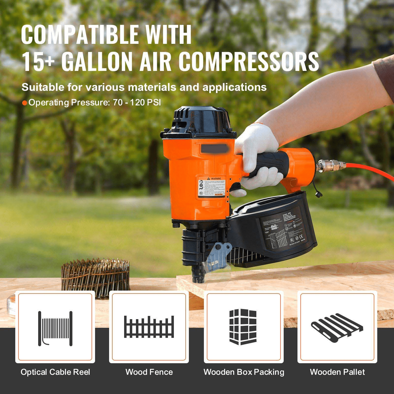 MCN70 Coil Siding Nailer - 15 Degree Pneumatic Nail Gun for Wood Pallets, Fencing, Sheathing - 1-3/4 to 2-3/4 Inch Coil Nails