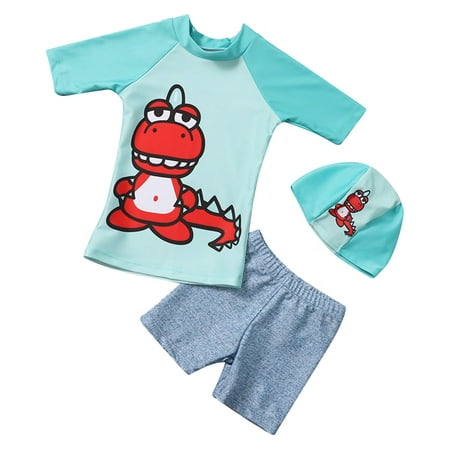

Toddler Kids Baby Boys Three Piece Swimsuit Round Neck Print Long Sleeve Bathing Set Have Trunks And Cap Swimsuit Set