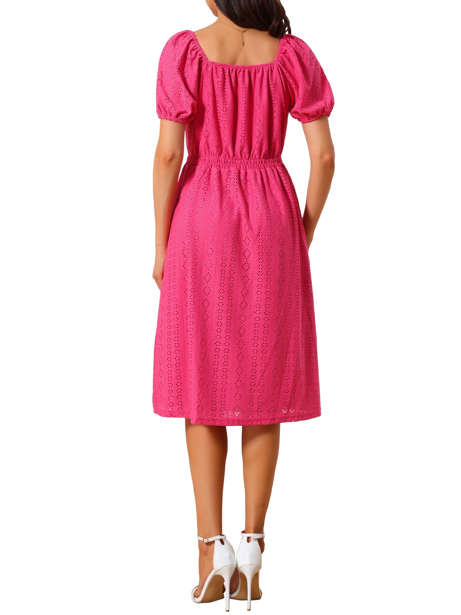 DARING DIVA Eyelet Square Neck Short Sleeve A Line Midi Dress S Hot Pink