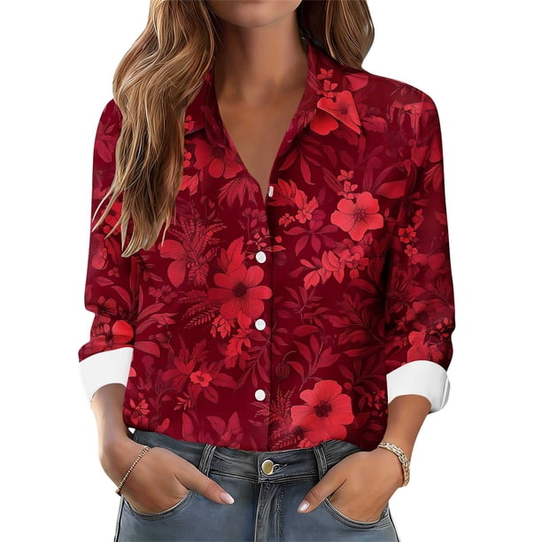 TaTaai Women Casual Button Down Long Sleeve Shirt Collared Printed Blouse Ladies Weekend Vacation Outdoor Wear Soft Breathable No Fading Machine Washable Comfortable Top Gift