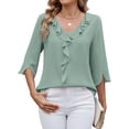 thumbnail image 2 of TEMOFON Women Summer Blouses Plus Size Dressy Casual Ruffle V Neck Tops Comfy Loose Fit 3/4 Sleeve Solid Color Chiffon Shirts, 2 of 5