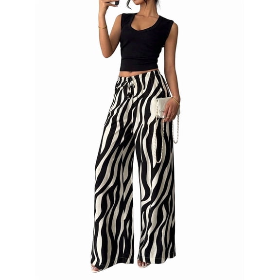 Women'S Wide Leg Pants High Elastic Waist Flowy Palazzo Pants Black & White S