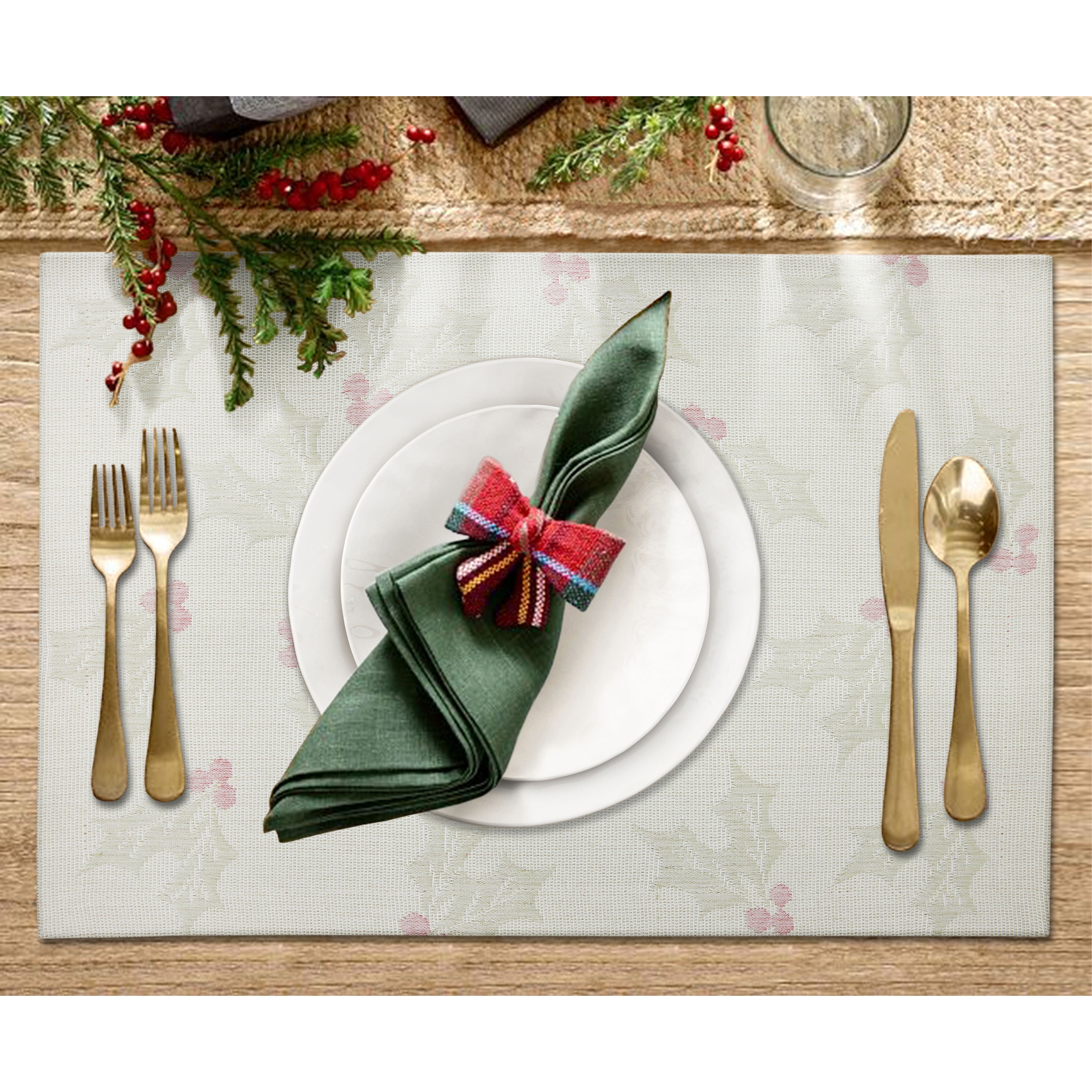 Holiday Holly Jacquard 4 Pack Table Placemat Set - 13" x 19" - 100% Cotton, Multi-Color