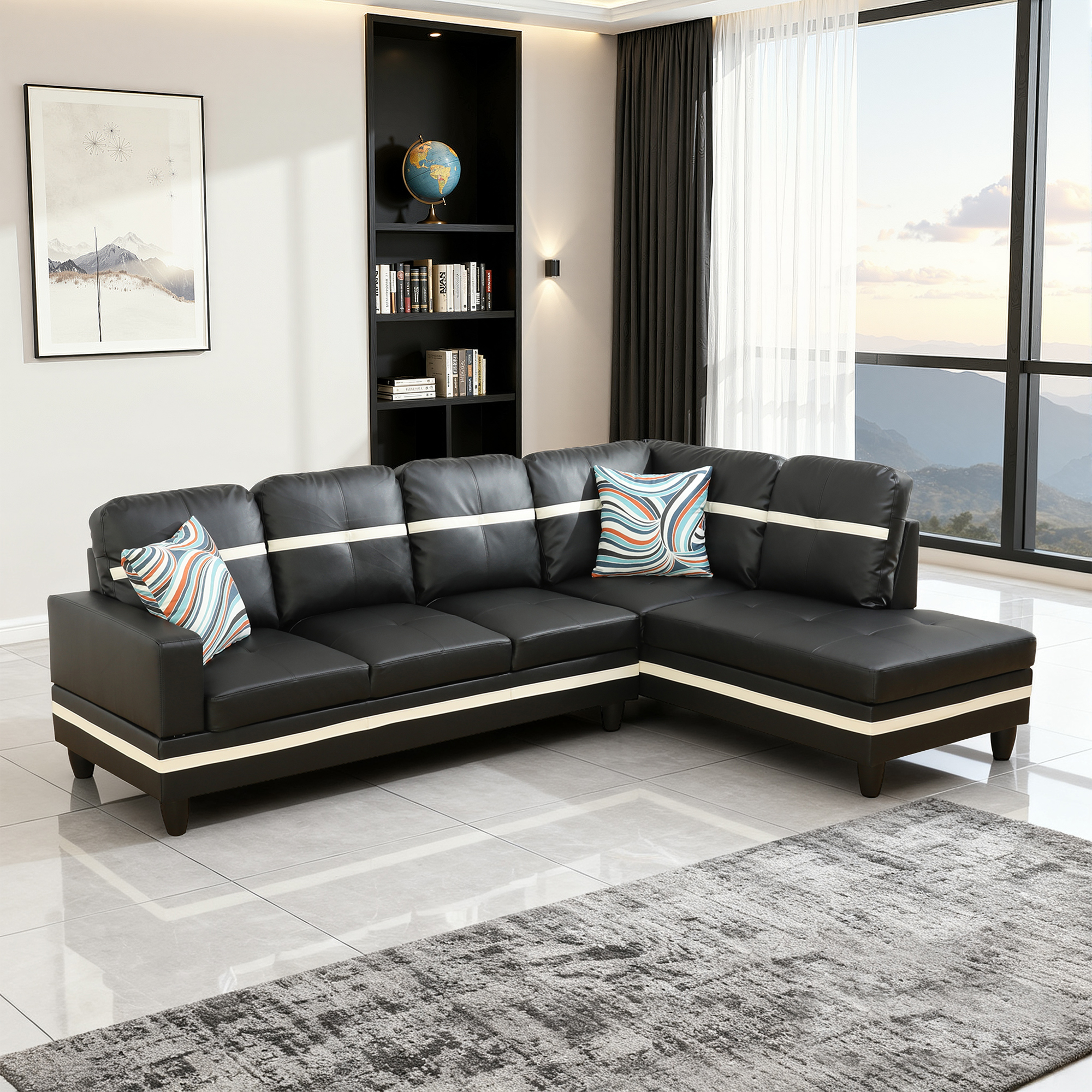 MAYEERTY 103.5" L-Shaped Sectional Sofa, Semi PU Synthetic Leather 2-Piece Modular Couch Sofa Set without Ottoman, Black (Right)