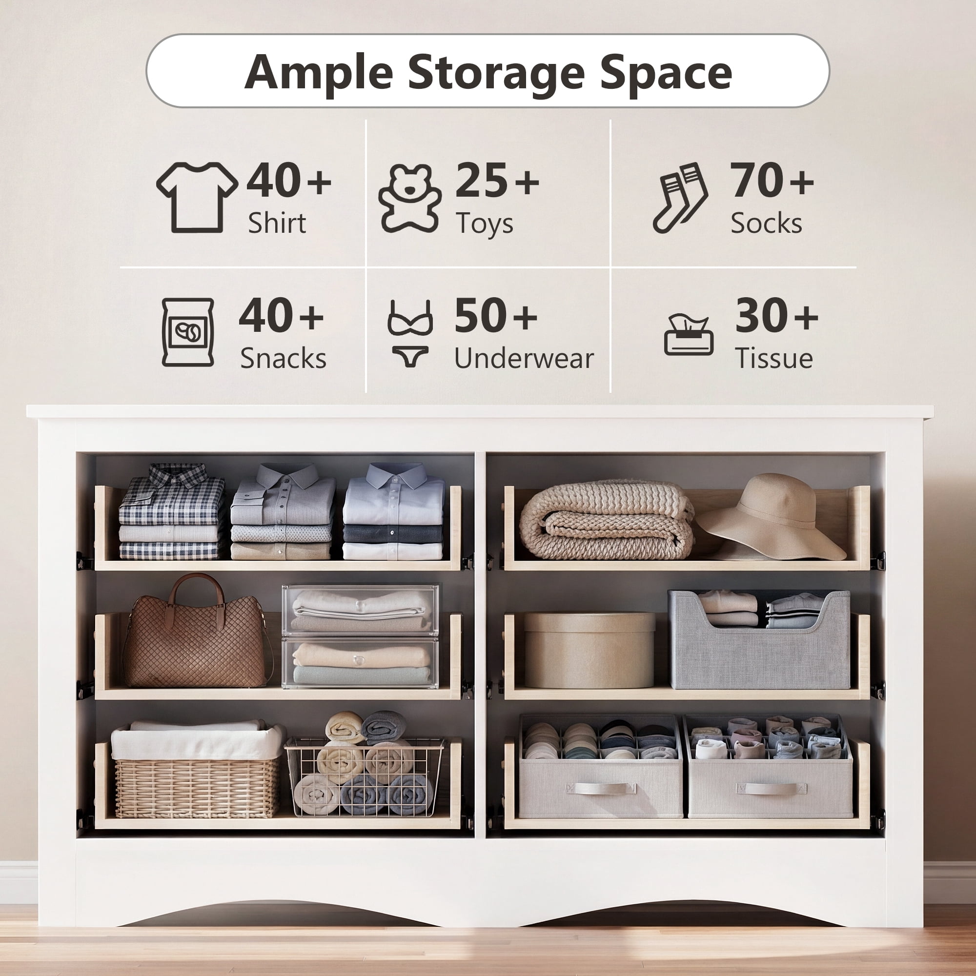 Homall 6 Drawer Dresser for Bedroom, Wood Double Chest of Drawers with Metal Handles, Wide Storage Cabinet Organizer for Living Room, White