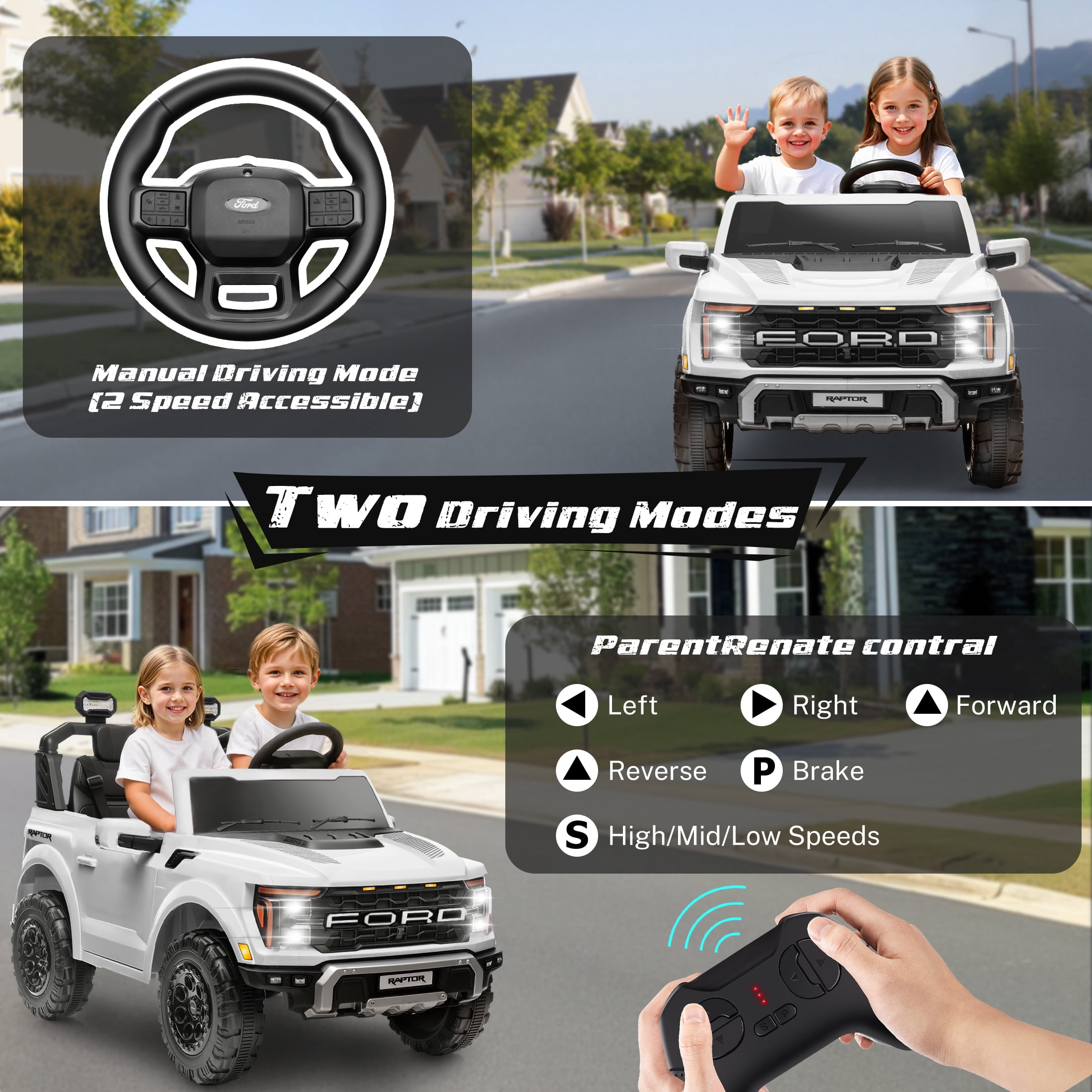 Ford F150 Raptor 2 Seater Ride on Toy Trucks for Kids, 24V Powered 2 Seat Ride on Cars with Remote Control/4 Wheelers/LED/Bluetooth/ Truck Bed Storage/Soft Start, Kids Electric Cars for Boys Girls