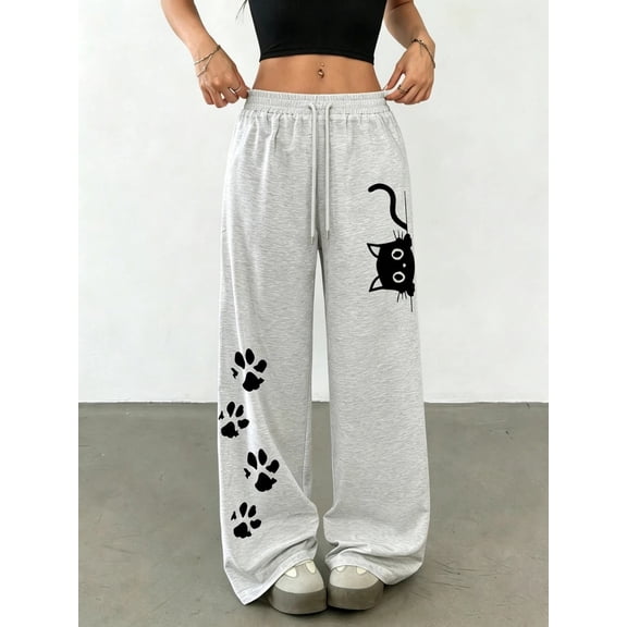 Women's Paw Print Joggers, Drawstring Waist Loose Fit Sweatpants for Lounge, Everyday & Casual Wear