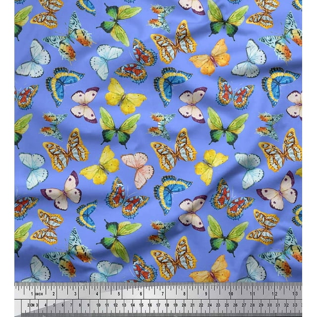 Soimoi Tissu Satin Modal Bleu Papillon Coloré Imprimé 1 Yard 42 Pouces de Large