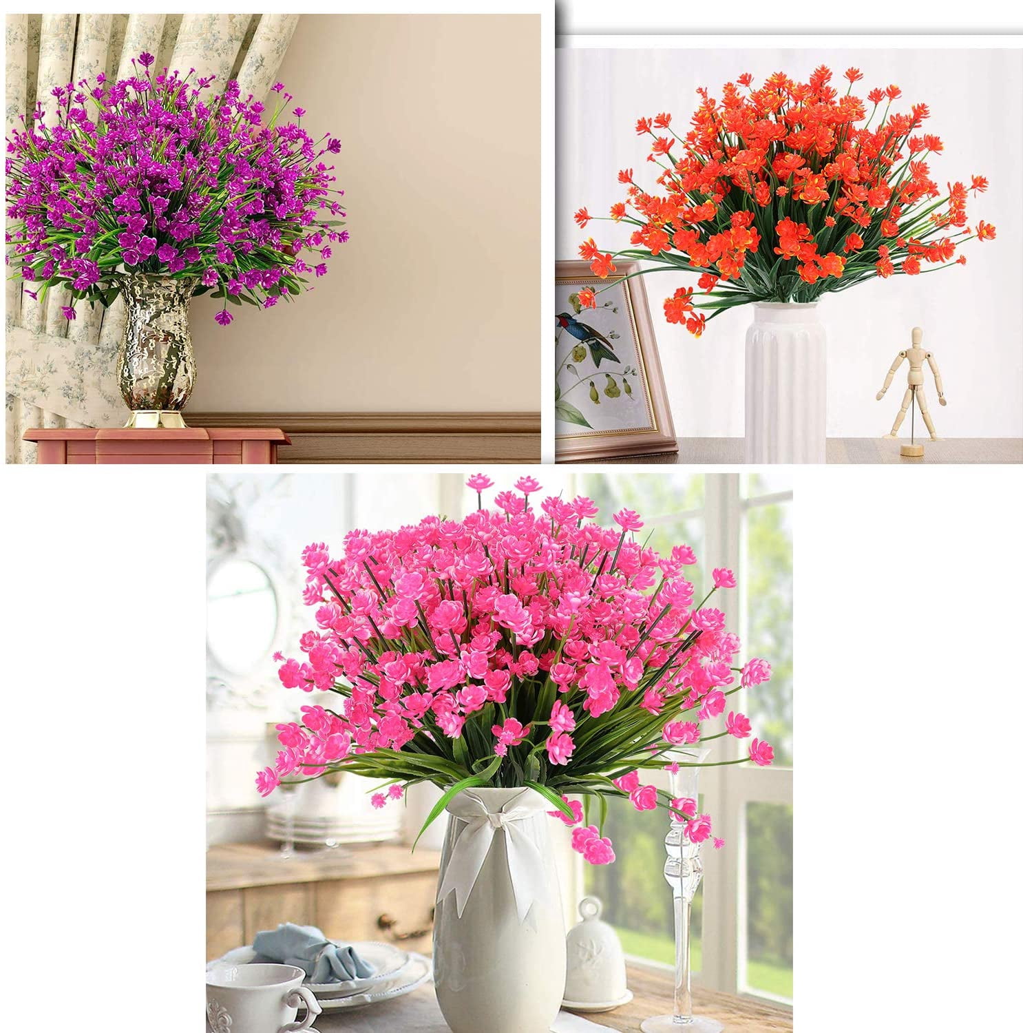 Sinhoon 16 Bundles Fake Artificial Flowers Outdoor for Decoration UV Resistant No Fade Faux Plastic Plants Garden Porch Window Box Décor Kitchen Office Table Vase(Pink)