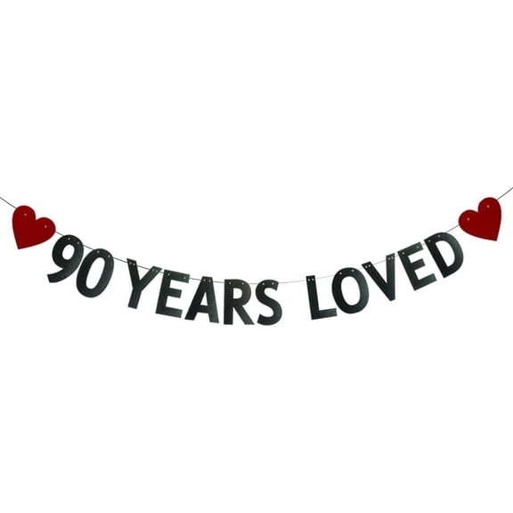 90 Years Loved Banner,Pre-Strung,90th Birthday/Wedding Anniversary Party Decorations Supplies,Black Glitter Paper Garlands Backdrops, Letters Black