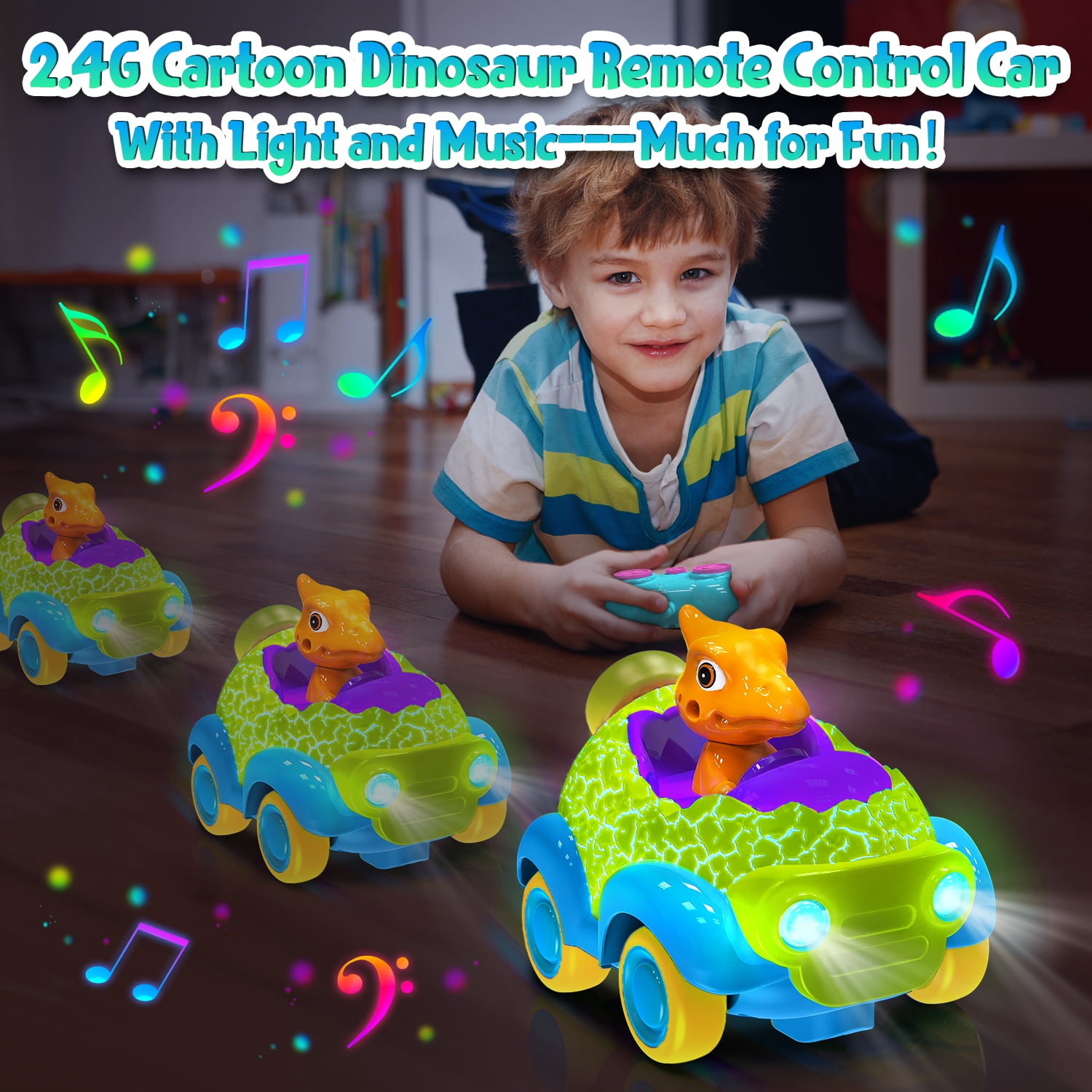 UQN Remote Control Car for Toddlers, Rechargeable Dinosaur Chasers RC Cars for Toddler Toys, with Lights & Music, Christmas Kids Gift for Ages 2 3 4 5 6 Year Old Boys Girls, Green