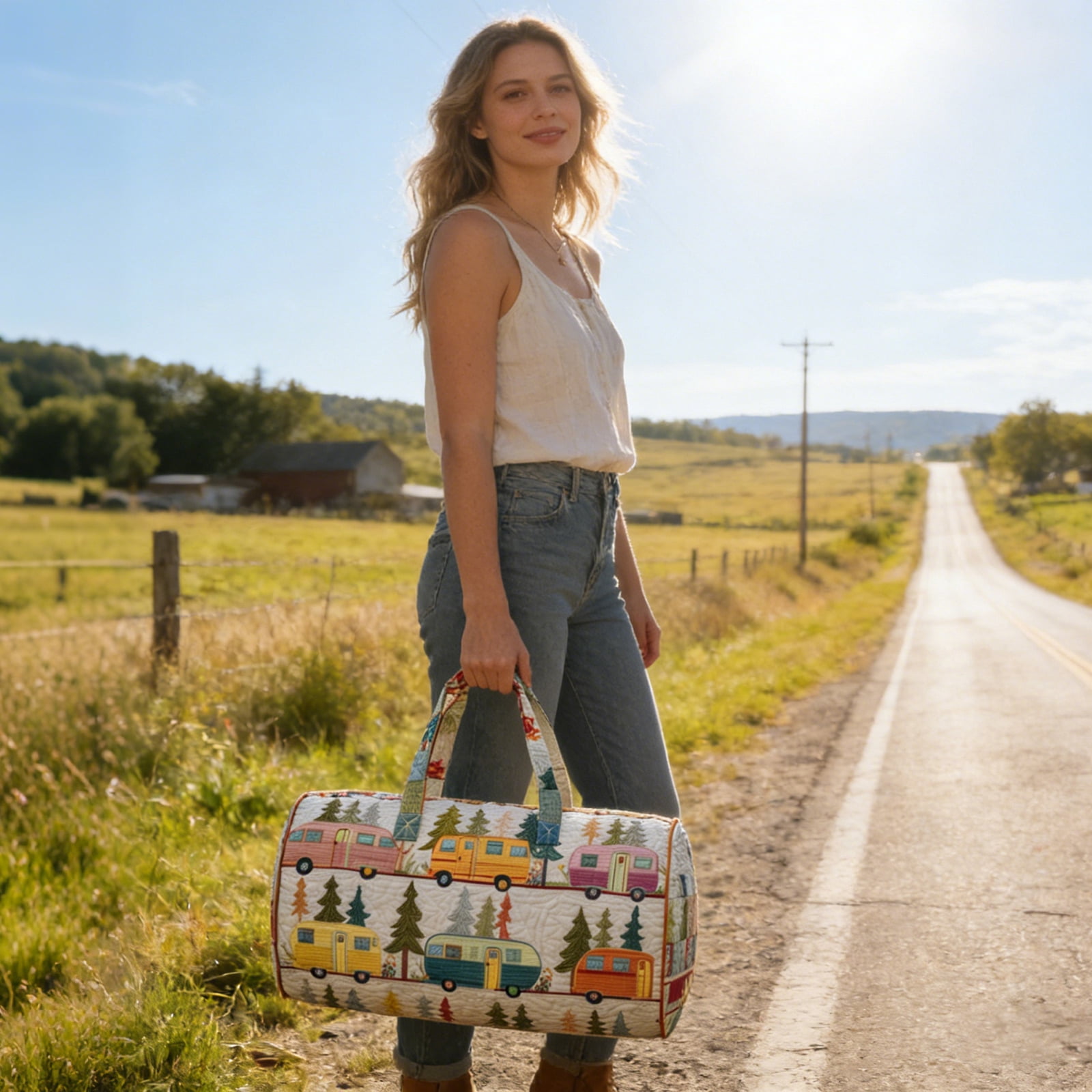 Quilted Hippie Van Duffle Bag with Adjustable Strap - Large Bohemian Travel Tote for Yoga Festival Gym Workout, Artistic Patchwork Carryall for Dance & Overnight Trips