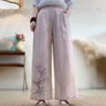 thumbnail image 2 of Casual Pants for Women Elastic Waist Embroidered Loose Cropped Wide Leg Linen Blend Casual Trousers, 2 of 3