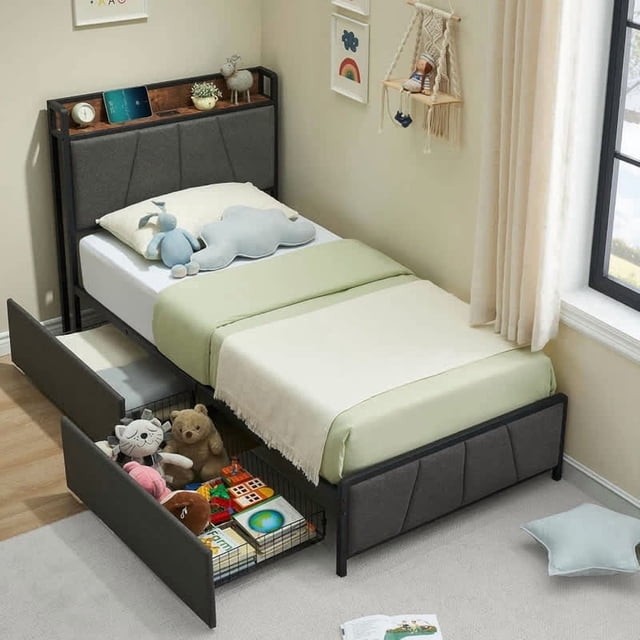 Ourlova Cadre de Lit Format Simple avec 2 Tiroirs de Rangement et Station de Recharge, Lit Plateforme Rustique Rembourré en Lin avec Tête de Lit de Rangement, Robuste, Facile à Assembler, Aucun Sommier Requis, Gris