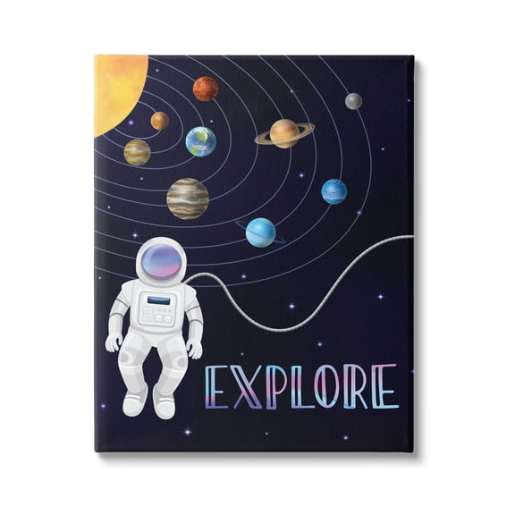 Stupell Industries Explore Outer Space Adventure Astronaut Among Planets Graphic Art Gallery Wrapped Canvas Print Wall Art, Design by Linda Birtel