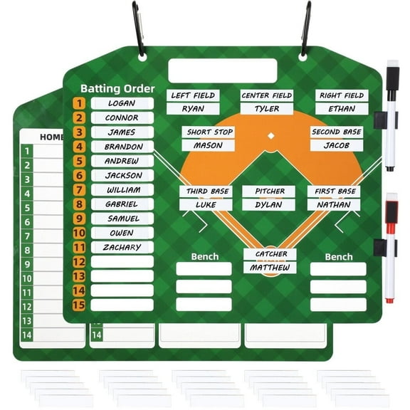 Adsorptive Baseball Lineup Board, 12.6 x 11 Inches Double-Sided Baseball Lineup Board with 30 Adsorptive Strip Blanks & 2 Pens, Portable Softball Layout Strategy Board for Batting