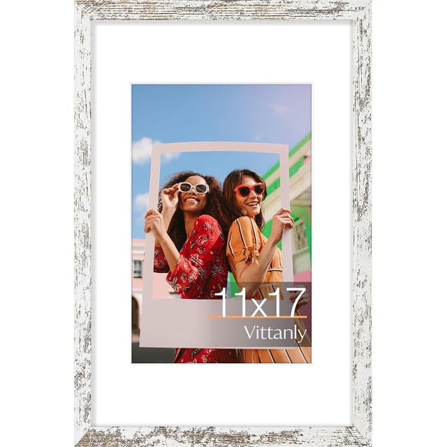 Vittanly 11x17 Picture Frame, Engineered Wood with Shatter Resistant Plexiglass, Display Pictures 8x12 with Mat or 11x17 without Mat, Photo Frame for Wall Mounting, Distressed White, 1 Pack