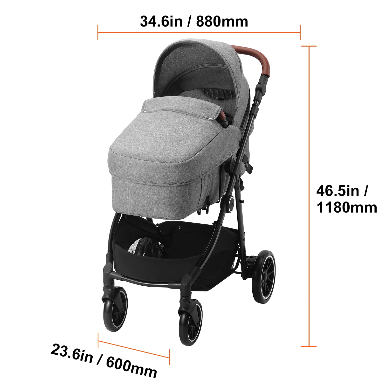KFFKFF 2 in 1 Convertible Baby Stroller, Foldable Infant Newborn Bassinet Pram, Unisex Travel Stroller for Newborn Baby, Dark Grey
