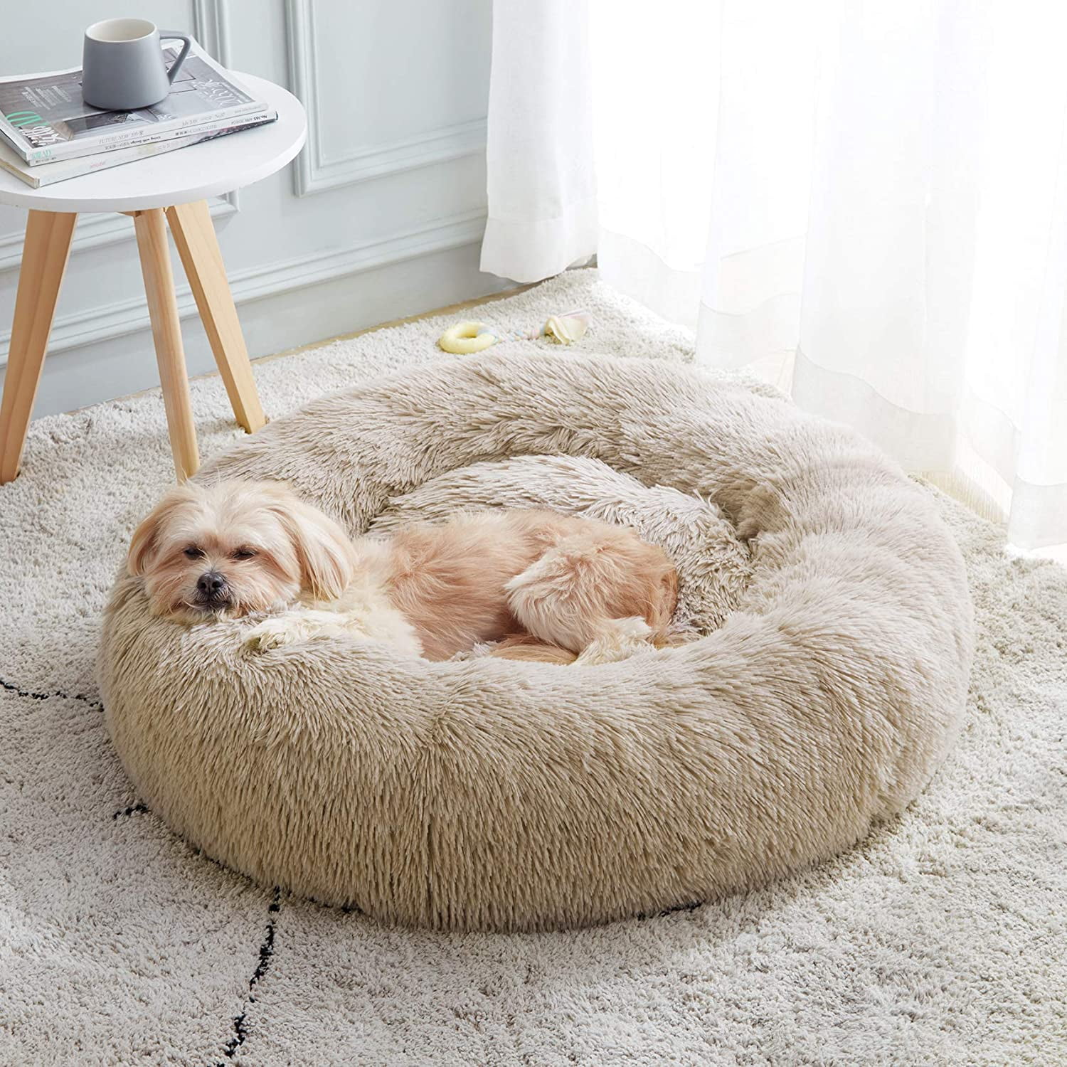 Dog Cat Round Calming Dog Bed Fluffy Cushion Cuddle Cozy Pet Nest Sofa