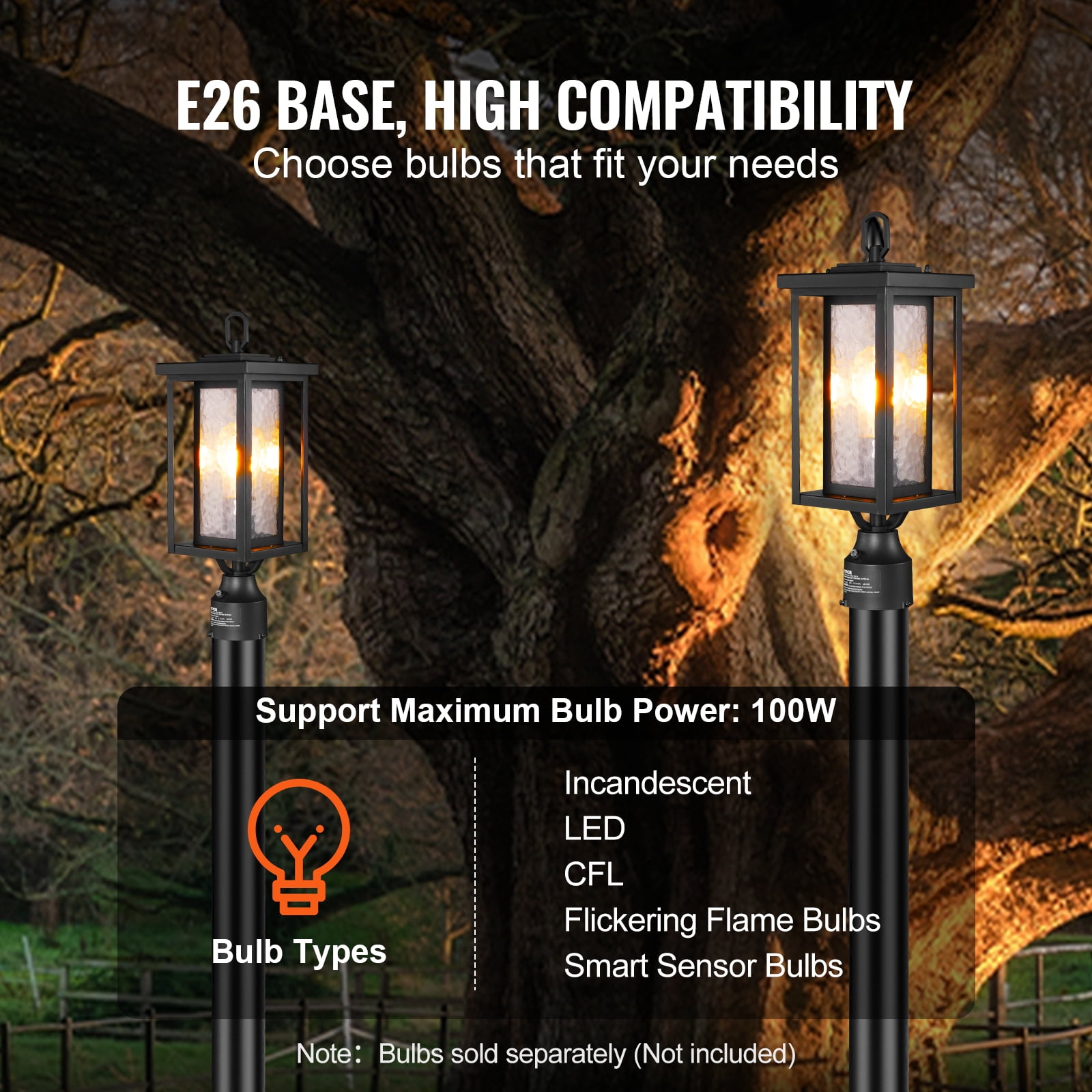 VEVOR 2 Pack Dusk to Dawn Outdoor Post Light, 17.72 in, Waterproof Lamp Post Light Fixtures with 3.5 in Pier Mount Base Glass Shade, Lightning-proof Exterior Pole Column Light