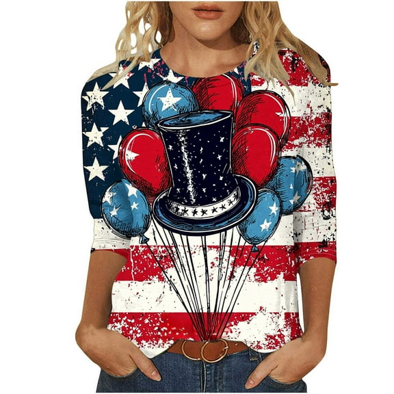 YanHoo 3/4 Sleeve Patriotic Tops for Women 4th of July Outfits for Women Shirts Clearance