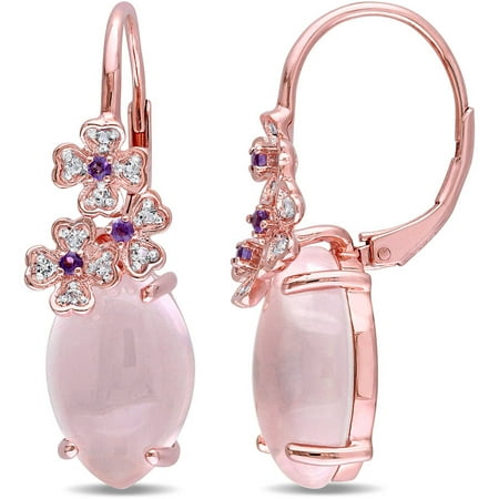 Tangelo 15-1/3 Carat T.G.W. Marquise-Cut Milky Rose Quartz, Amethyst and White Topaz Rose Rhodium-Plated Sterling Silver Floral Leverback Earrings