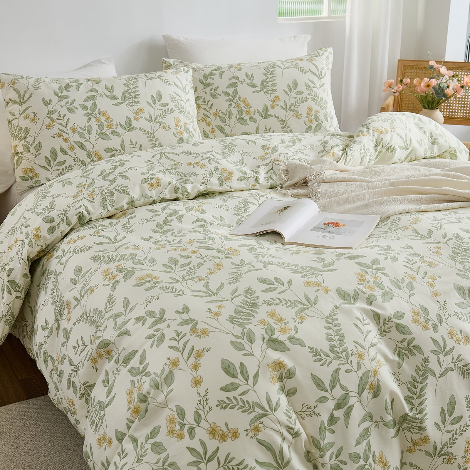 100% Nature Cotton Duvet Cover Vintage Reversible Green and Yellow Floral Garden Style Comforter Cover with Zipper Closure, 3 Pieces Soft & Breathable Green Bedding Set
