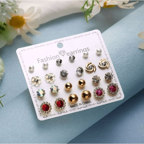 Mixed Shape Stud Earrings, Cubic Zirconia, 12 Pairs