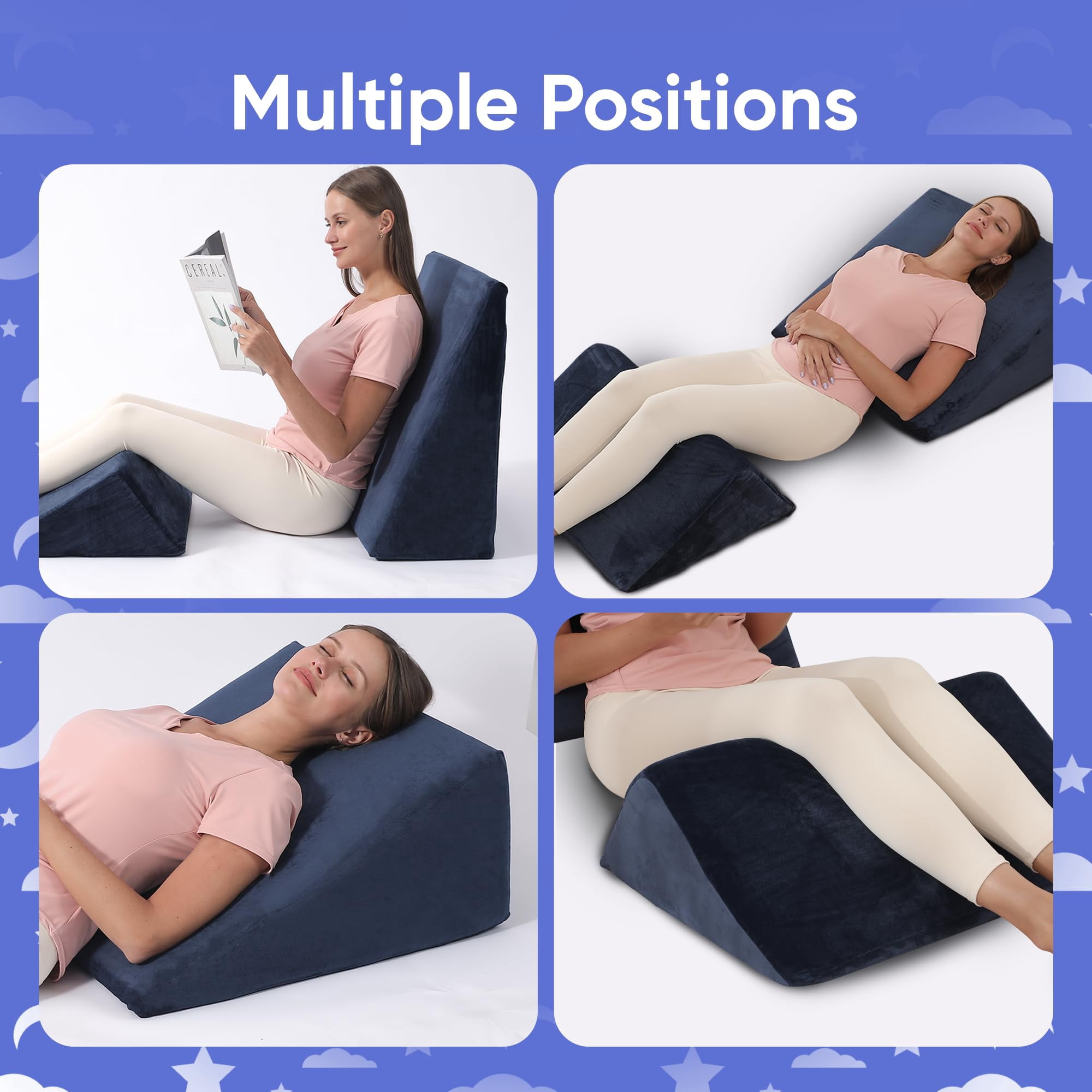AllSett Health Bed Wedge Pillow Set – 2-Piece Memory Foam Support Cushions for Back, Legs & Knees, Navy