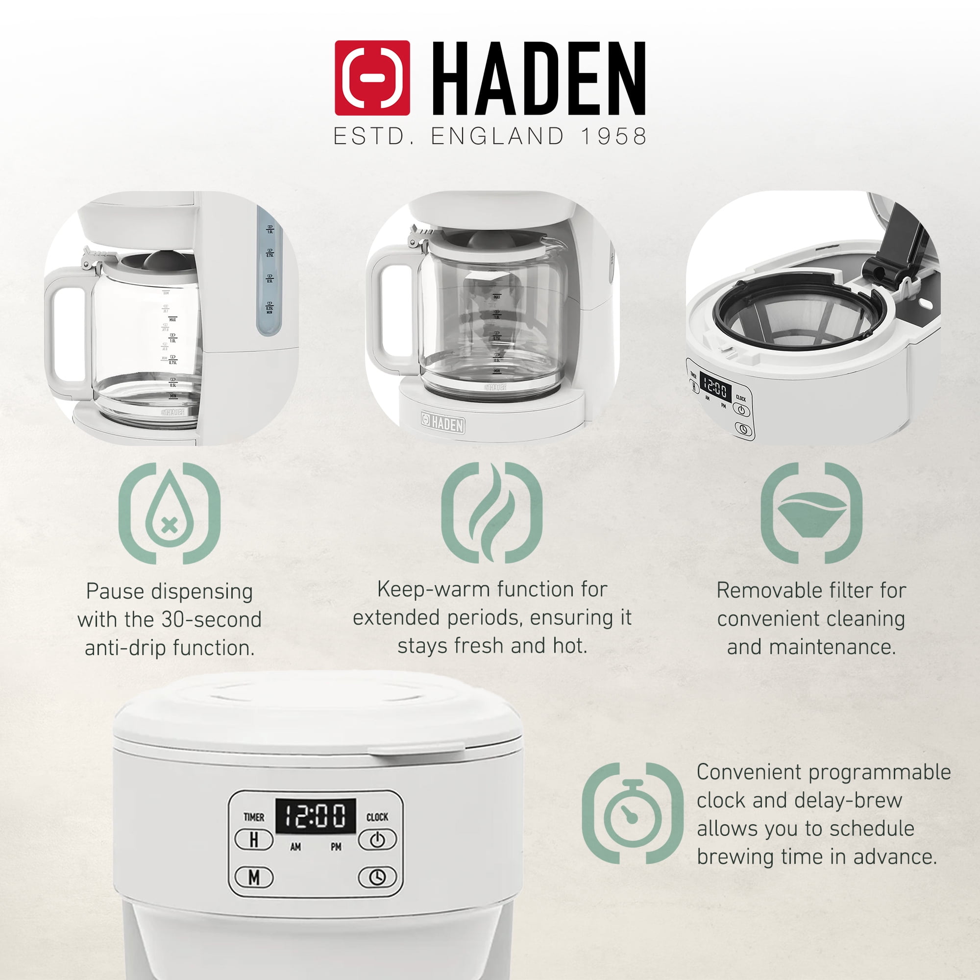 Open Box Haden Chelsea 10 Cup Drip Coffee Maker w/Glass Carafe, Ivory & Chrome